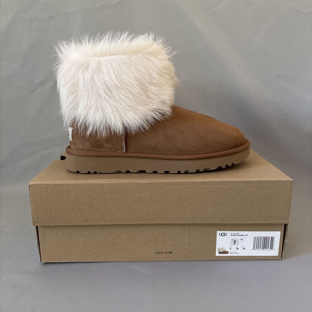 UGG Chestnut Suede Ankle Booties with Ivory Fur Cuff - Picture 6 of 12